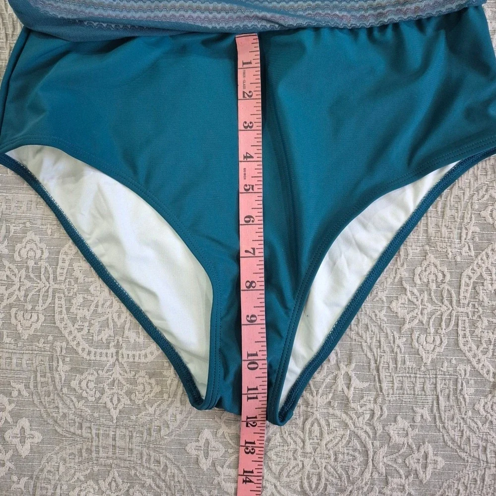 Teal High Waisted Bikini‎ Mesh Skirt Set Chevron Trim Womens Large